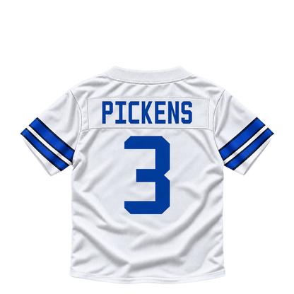 Dallas Cowboys PICKENS #3 jersey keychain artwork preview. Jersey keychain design. Attachment hardware is supplied with the finished acrylic keychain.