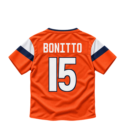 Denver Broncos BONITTO #15 jersey keychain artwork preview. Jersey keychain design. Attachment hardware is supplied with the finished acrylic keychain.