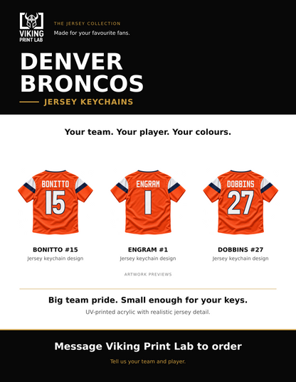 Denver Broncos jersey keychain design overview, showing three available artwork examples. Price is for one keychain.