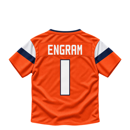 Denver Broncos ENGRAM #1 jersey keychain artwork preview. Jersey keychain design. Attachment hardware is supplied with the finished acrylic keychain.