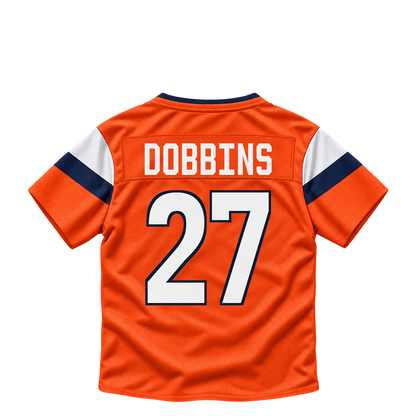 Denver Broncos DOBBINS #27 jersey keychain artwork preview. Jersey keychain design. Attachment hardware is supplied with the finished acrylic keychain.