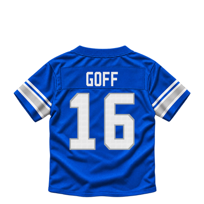 Detroit Lions GOFF #16 jersey keychain artwork preview. Jersey keychain design. Attachment hardware is supplied with the finished acrylic keychain.
