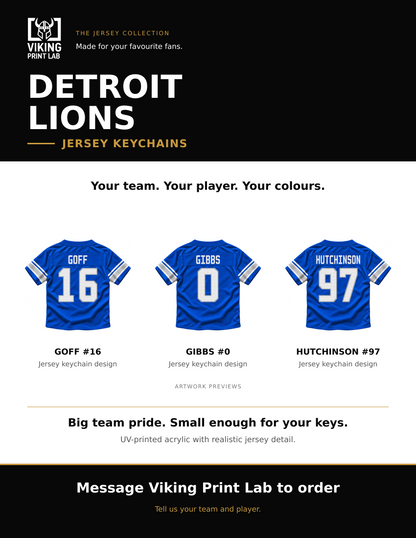 Detroit Lions jersey keychain design overview, showing three available artwork examples. Price is for one keychain.