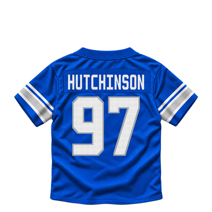 Detroit Lions HUTCHINSON #97 jersey keychain artwork preview. Jersey keychain design. Attachment hardware is supplied with the finished acrylic keychain.