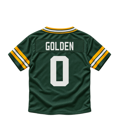 Green Bay Packers GOLDEN #0 jersey keychain artwork preview. Jersey keychain design. Attachment hardware is supplied with the finished acrylic keychain.