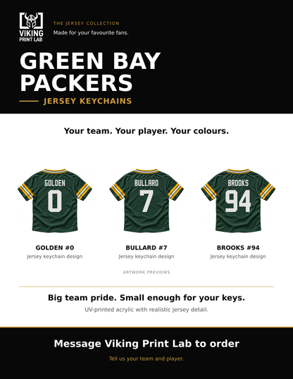 Green Bay Packers jersey keychain design overview, showing three available artwork examples. Price is for one keychain.