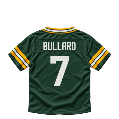 Green Bay Packers BULLARD #7 jersey keychain artwork preview. Jersey keychain design. Attachment hardware is supplied with the finished acrylic keychain.