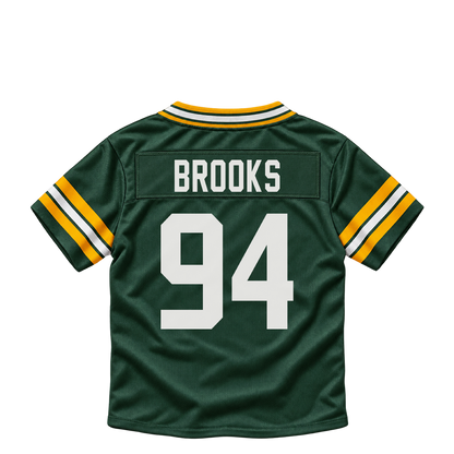 Green Bay Packers BROOKS #94 jersey keychain artwork preview. Jersey keychain design. Attachment hardware is supplied with the finished acrylic keychain.