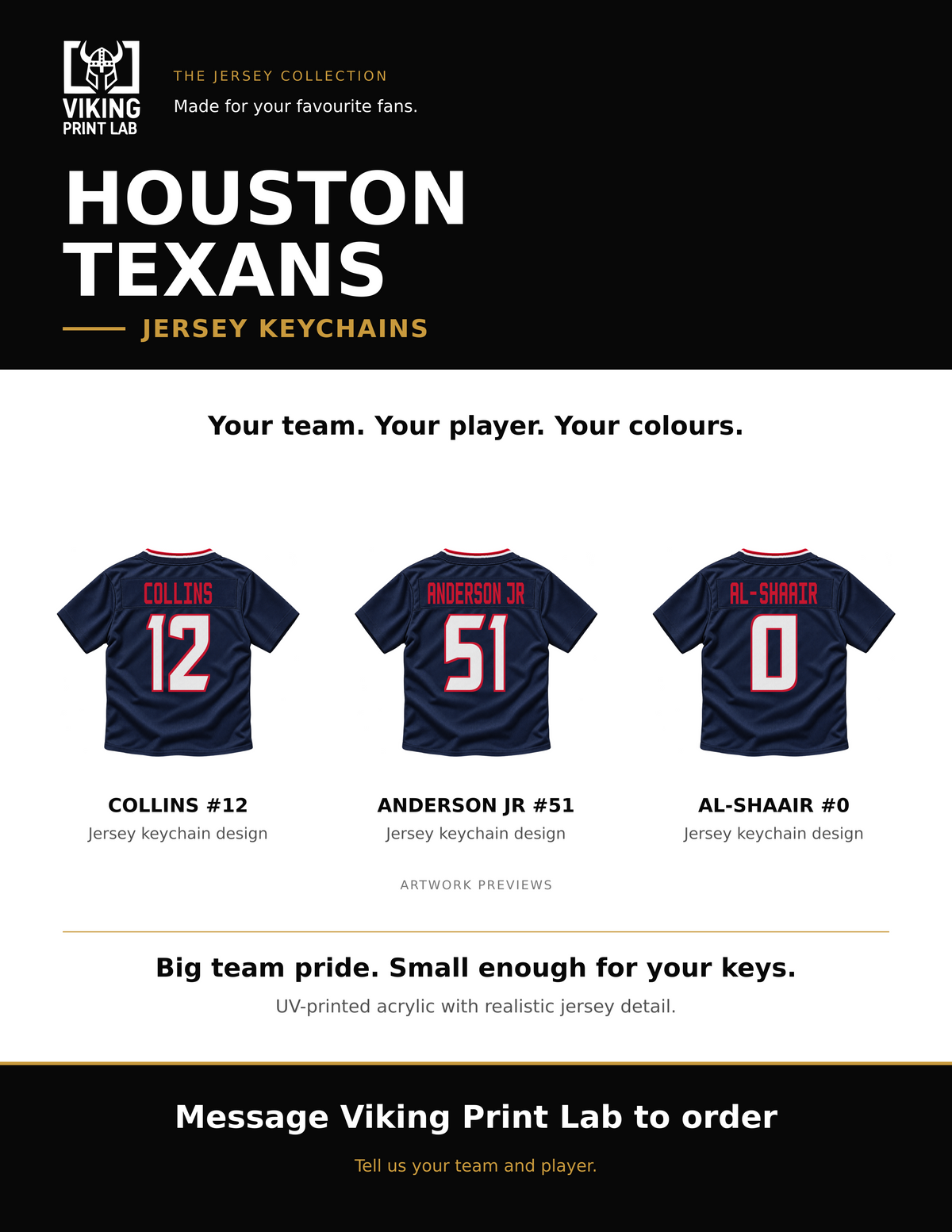 Houston Texans jersey keychain design overview, showing three available artwork examples. Price is for one keychain.