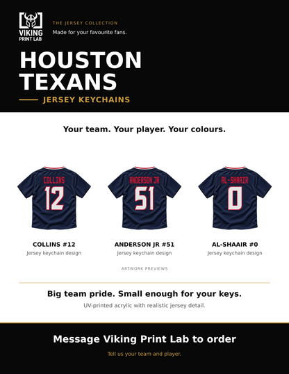 Houston Texans jersey keychain design overview, showing three available artwork examples. Price is for one keychain.