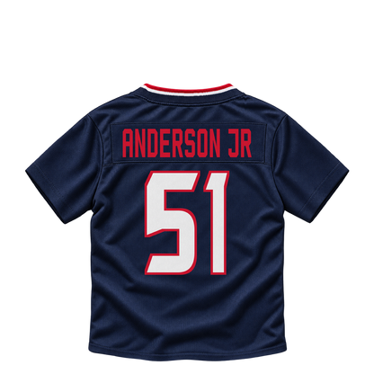 Houston Texans ANDERSON JR #51 jersey keychain artwork preview. Jersey keychain design. Attachment hardware is supplied with the finished acrylic keychain.