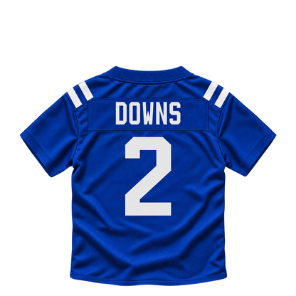 Indianapolis Colts DOWNS #2 jersey keychain artwork preview. Jersey keychain design. Attachment hardware is supplied with the finished acrylic keychain.