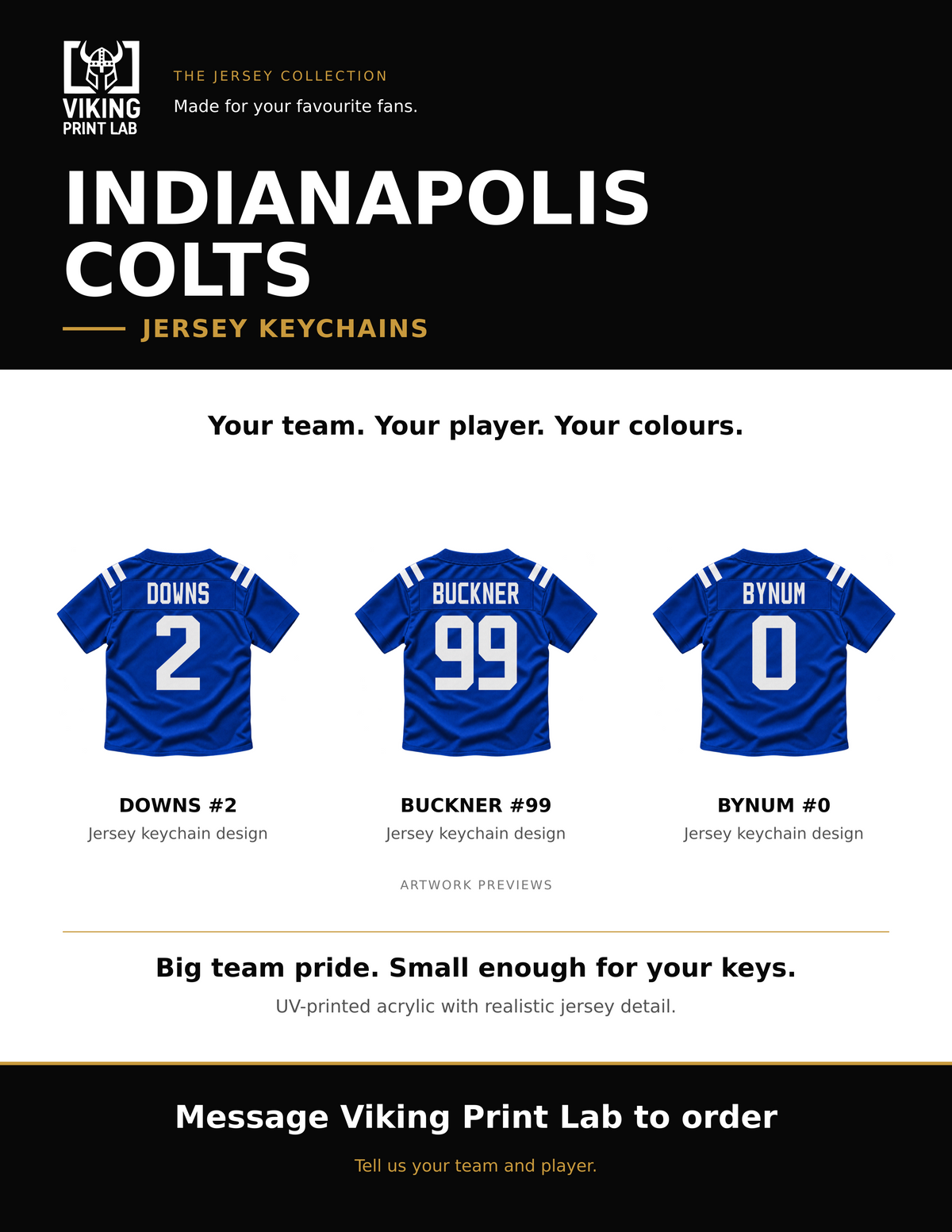 Indianapolis Colts jersey keychain design overview, showing three available artwork examples. Price is for one keychain.