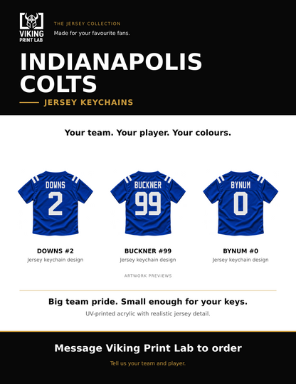 Indianapolis Colts jersey keychain design overview, showing three available artwork examples. Price is for one keychain.