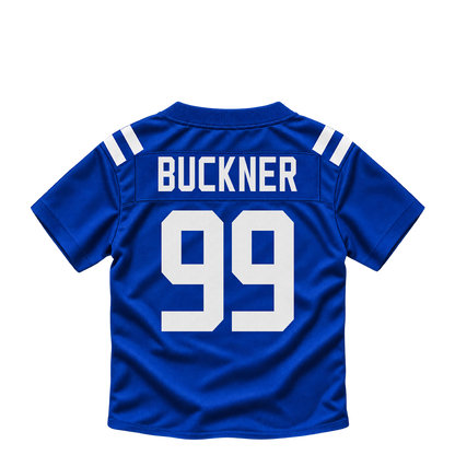 Indianapolis Colts BUCKNER #99 jersey keychain artwork preview. Jersey keychain design. Attachment hardware is supplied with the finished acrylic keychain.