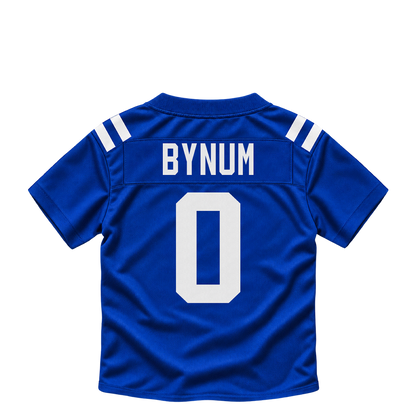 Indianapolis Colts BYNUM #0 jersey keychain artwork preview. Jersey keychain design. Attachment hardware is supplied with the finished acrylic keychain.