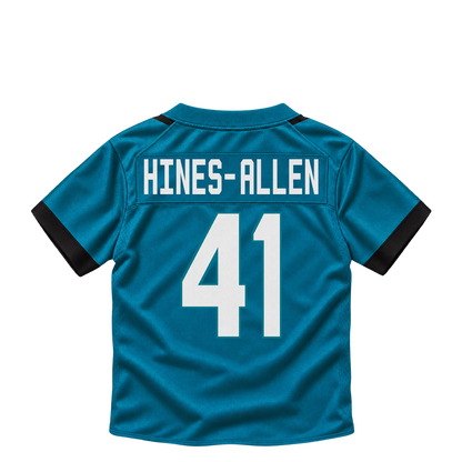 Jacksonville Jaguars HINES-ALLEN #41 jersey keychain artwork preview. Jersey keychain design. Attachment hardware is supplied with the finished acrylic keychain.