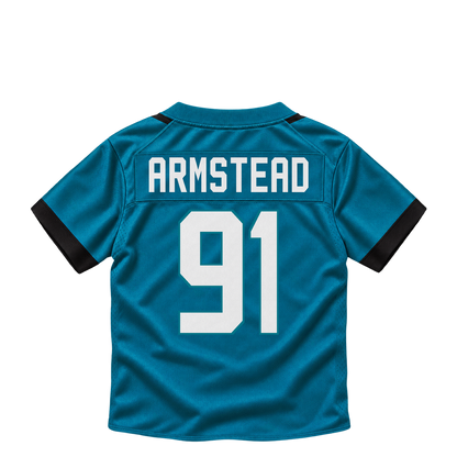 Jacksonville Jaguars ARMSTEAD #91 jersey keychain artwork preview. Jersey keychain design. Attachment hardware is supplied with the finished acrylic keychain.