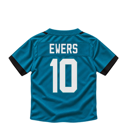 Jacksonville Jaguars EWERS #10 jersey keychain artwork preview. Jersey keychain design. Attachment hardware is supplied with the finished acrylic keychain.