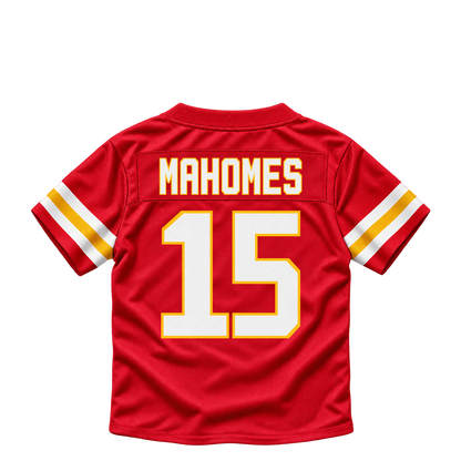 Kansas City Chiefs MAHOMES #15 jersey keychain artwork preview. Jersey keychain design. Attachment hardware is supplied with the finished acrylic keychain.