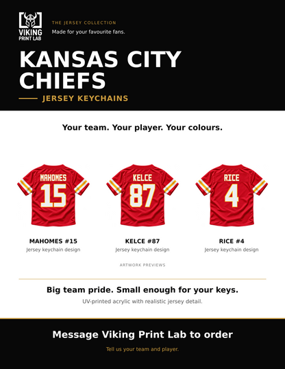 Kansas City Chiefs jersey keychain design overview, showing three available artwork examples. Price is for one keychain.