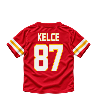 Kansas City Chiefs KELCE #87 jersey keychain artwork preview. Jersey keychain design. Attachment hardware is supplied with the finished acrylic keychain.