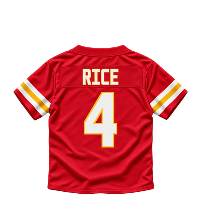 Kansas City Chiefs RICE #4 jersey keychain artwork preview. Jersey keychain design. Attachment hardware is supplied with the finished acrylic keychain.