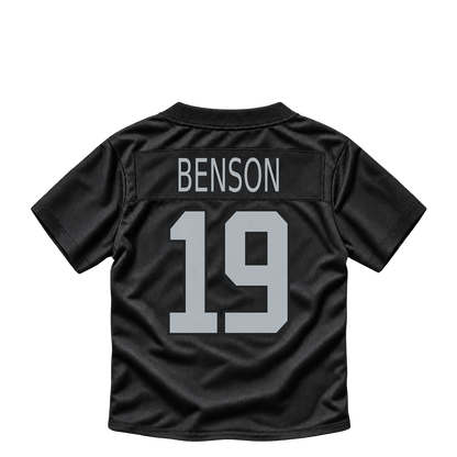 Las Vegas Raiders BENSON #19 jersey keychain artwork preview. Jersey keychain design. Attachment hardware is supplied with the finished acrylic keychain.