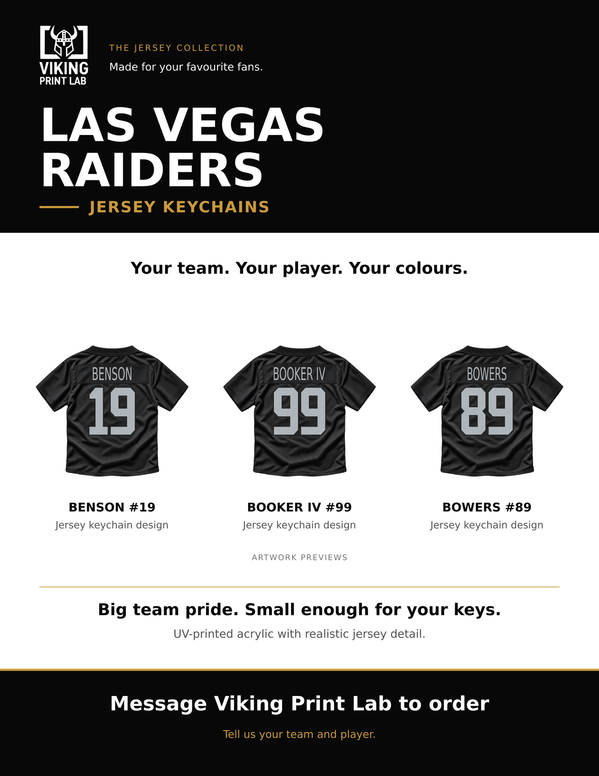 Las Vegas Raiders jersey keychain design overview, showing three available artwork examples. Price is for one keychain.