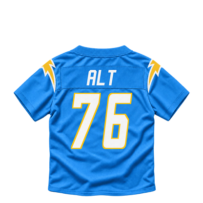Los Angeles Chargers ALT #76 jersey keychain artwork preview. Jersey keychain design. Attachment hardware is supplied with the finished acrylic keychain.