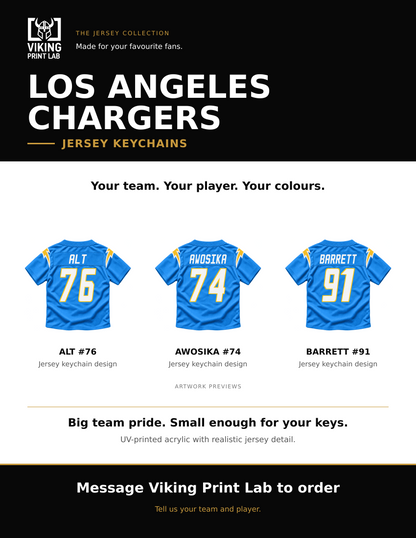 Los Angeles Chargers jersey keychain design overview, showing three available artwork examples. Price is for one keychain.