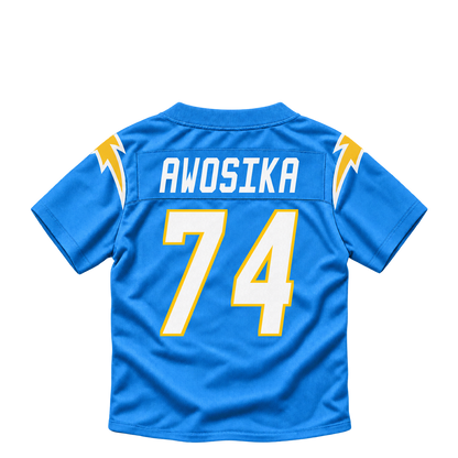 Los Angeles Chargers AWOSIKA #74 jersey keychain artwork preview. Jersey keychain design. Attachment hardware is supplied with the finished acrylic keychain.