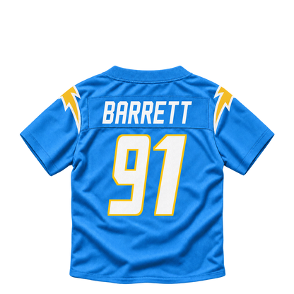Los Angeles Chargers BARRETT #91 jersey keychain artwork preview. Jersey keychain design. Attachment hardware is supplied with the finished acrylic keychain.