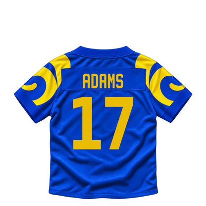 Los Angeles Rams ADAMS #17 jersey keychain artwork preview. Jersey keychain design. Attachment hardware is supplied with the finished acrylic keychain.