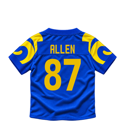Los Angeles Rams ALLEN #87 jersey keychain artwork preview. Jersey keychain design. Attachment hardware is supplied with the finished acrylic keychain.