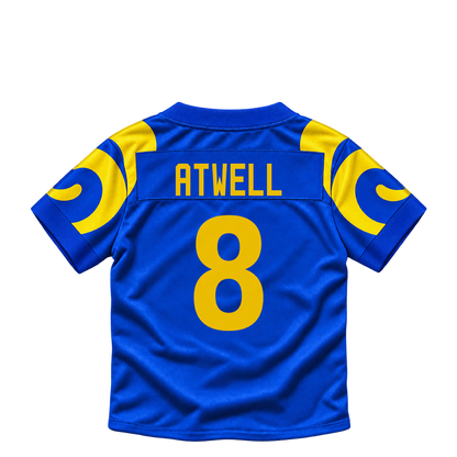 Los Angeles Rams ATWELL #8 jersey keychain artwork preview. Jersey keychain design. Attachment hardware is supplied with the finished acrylic keychain.