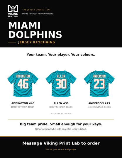 Miami Dolphins jersey keychain design overview, showing three available artwork examples. Price is for one keychain.