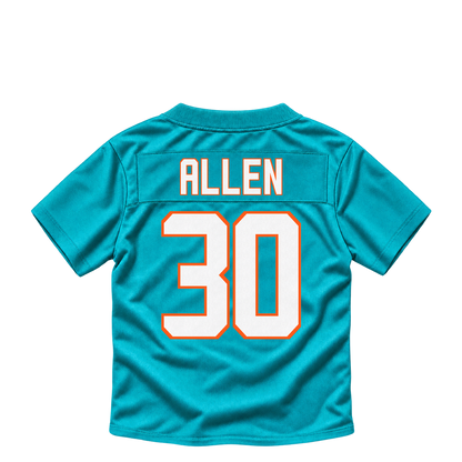 Miami Dolphins ALLEN #30 jersey keychain artwork preview. Jersey keychain design. Attachment hardware is supplied with the finished acrylic keychain.