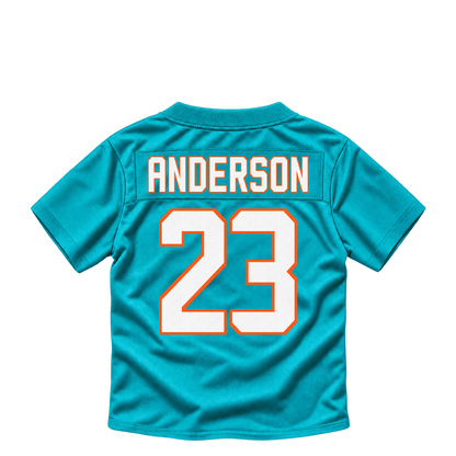 Miami Dolphins ANDERSON #23 jersey keychain artwork preview. Jersey keychain design. Attachment hardware is supplied with the finished acrylic keychain.