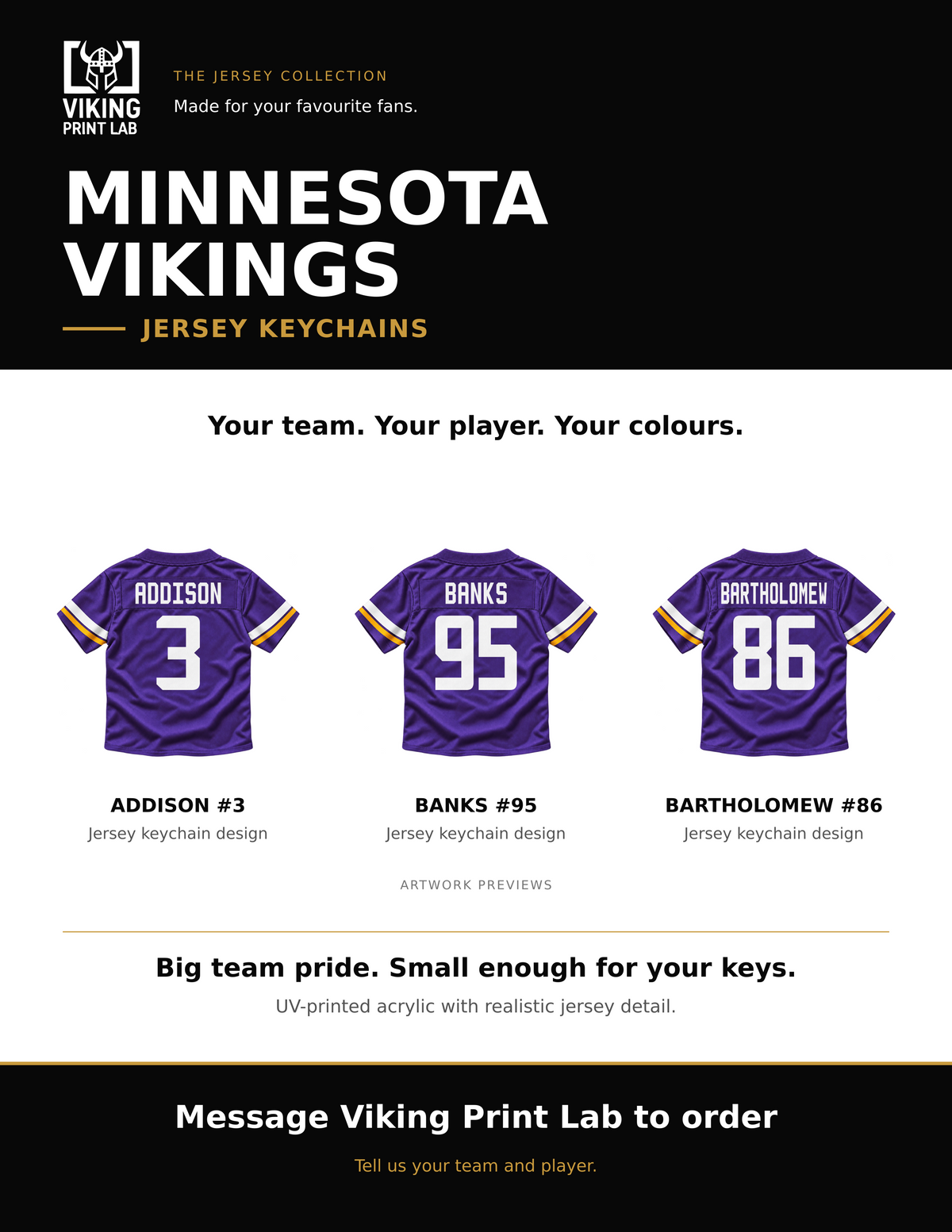 Minnesota Vikings jersey keychain design overview, showing three available artwork examples. Price is for one keychain.