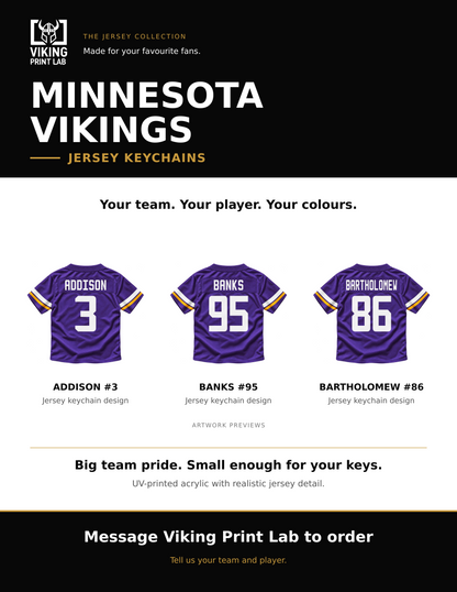 Minnesota Vikings jersey keychain design overview, showing three available artwork examples. Price is for one keychain.