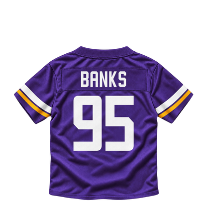 Minnesota Vikings BANKS #95 jersey keychain artwork preview. Jersey keychain design. Attachment hardware is supplied with the finished acrylic keychain.