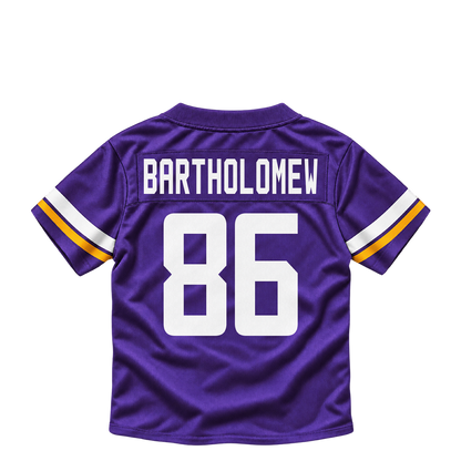 Minnesota Vikings BARTHOLOMEW #86 jersey keychain artwork preview. Jersey keychain design. Attachment hardware is supplied with the finished acrylic keychain.