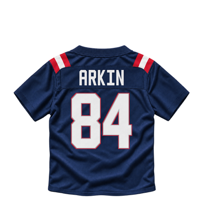 New England Patriots ARKIN #84 jersey keychain artwork preview. Jersey keychain design. Attachment hardware is supplied with the finished acrylic keychain.