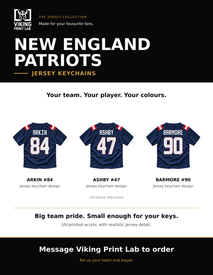 New England Patriots jersey keychain design overview, showing three available artwork examples. Price is for one keychain.