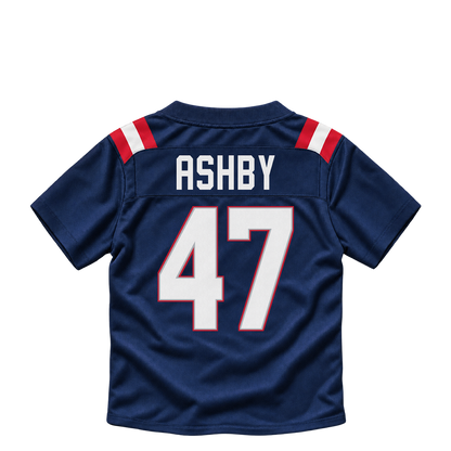 New England Patriots ASHBY #47 jersey keychain artwork preview. Jersey keychain design. Attachment hardware is supplied with the finished acrylic keychain.