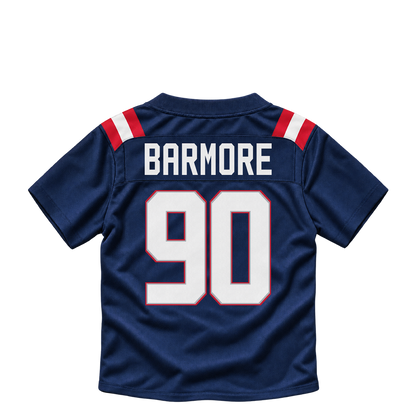 New England Patriots BARMORE #90 jersey keychain artwork preview. Jersey keychain design. Attachment hardware is supplied with the finished acrylic keychain.