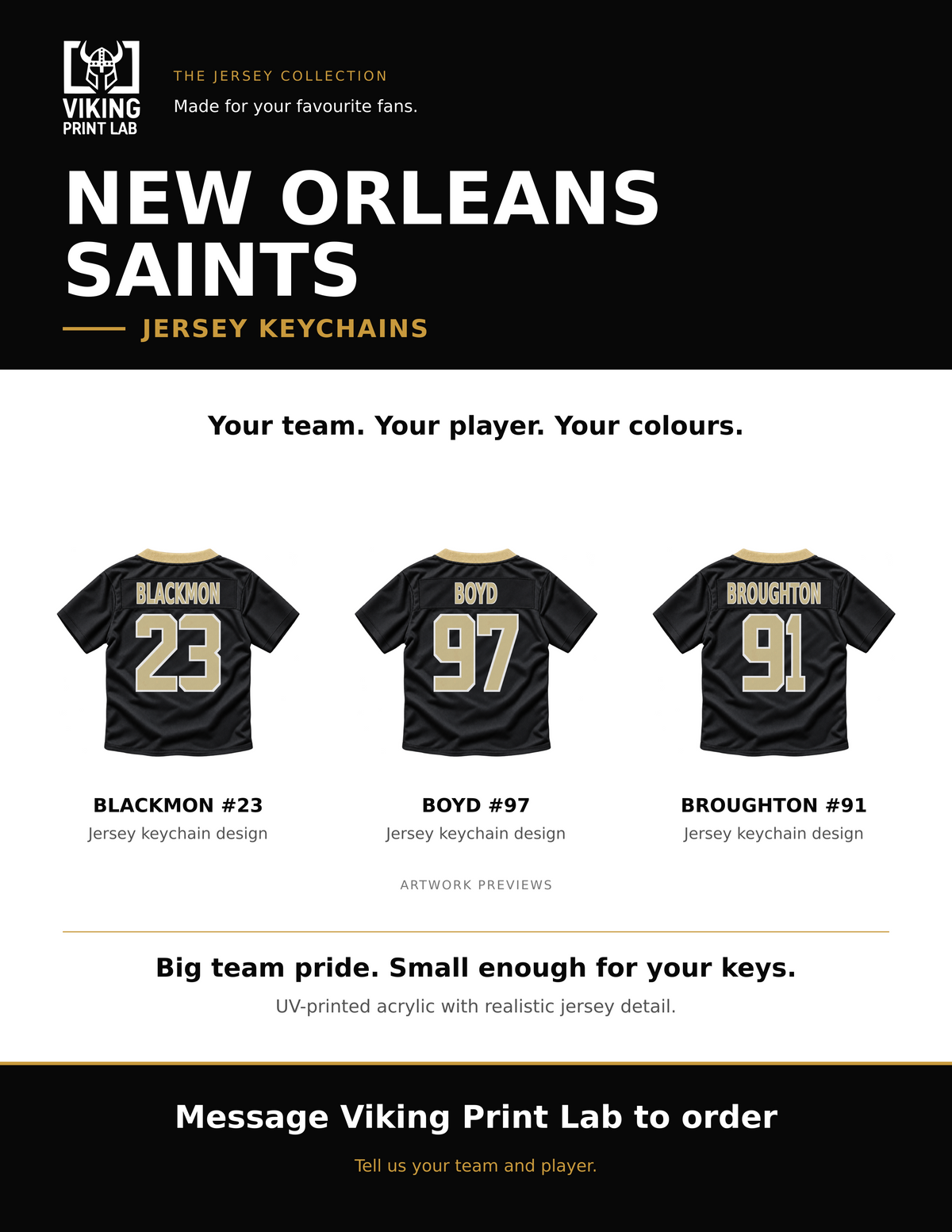 New Orleans Saints jersey keychain design overview, showing three available artwork examples. Price is for one keychain.