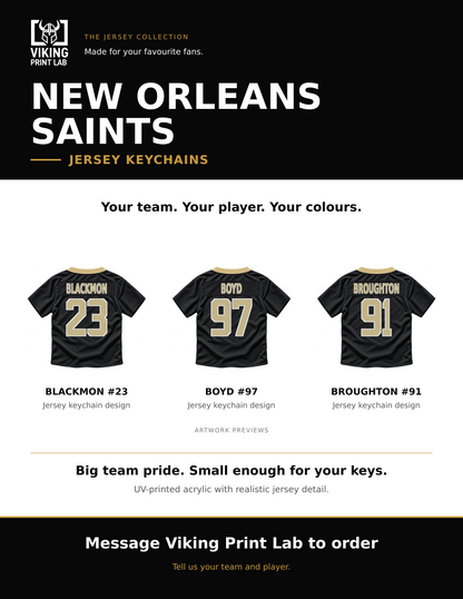 New Orleans Saints jersey keychain design overview, showing three available artwork examples. Price is for one keychain.