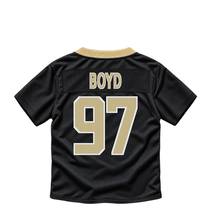 New Orleans Saints BOYD #97 jersey keychain artwork preview. Jersey keychain design. Attachment hardware is supplied with the finished acrylic keychain.